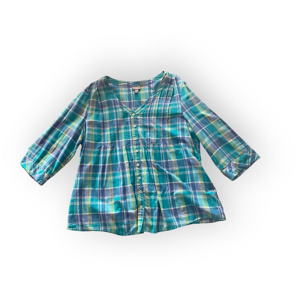 J. Jill Button Front Pintuck Blouse Blue Plaid Size XL EUC